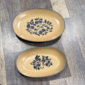 Pfaltzgraff Folk Art Stoneware Serving Platters Blue Floral on Tan - set of 2
